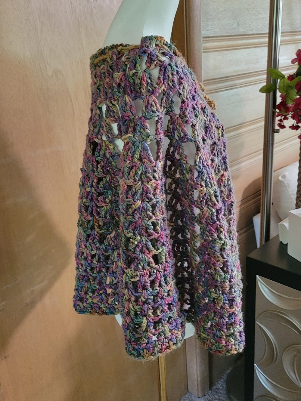 Hand-Crocheted Multicolor Open-Weave Poncho Sweater - Picture 2 of 5